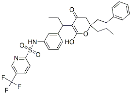 N-[3-[1-(2-hydroxy-4-oxo-6-phenethyl-6-propyl-5H-pyran-3-yl)propyl]phenyl]-5-(trifluoromethyl)pyridine-2-sulfonamide Struktur