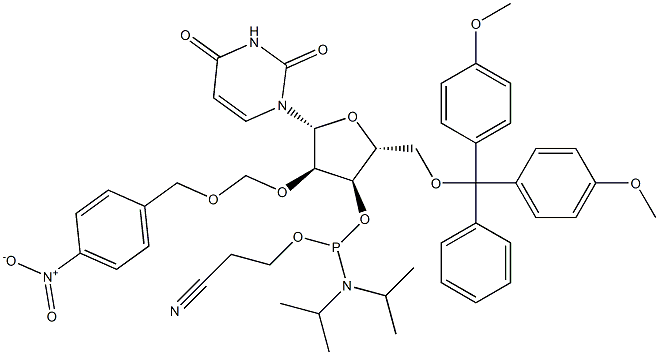 (2R,3R,4R,5R)-2-((BIS(4-METHOXYPHENYL)(PHENYL)METHOXY)METHYL)-5-(2,4-DIOXO-3,4-DIHYDROPYRIMIDIN-1(2H)-YL)-4-((4-NITROBENZYLOXY)METHOXY)TETRAHYDROFURAN-3-YL 2-CYANOETHYL DIISOPROPYLPHOSPHORAMIDITE Struktur