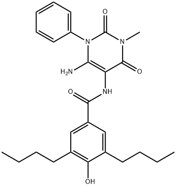 Benzamide,  N-(6-amino-1,2,3,4-tetrahydro-3-methyl-2,4-dioxo-1-phenyl-5-pyrimidinyl)-3,5-dibutyl-4-hydroxy- Struktur