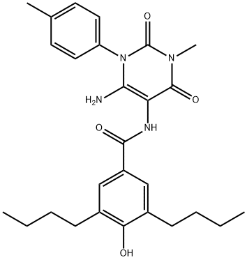 Benzamide,  N-[6-amino-1,2,3,4-tetrahydro-3-methyl-1-(4-methylphenyl)-2,4-dioxo-5-pyrimidinyl]-3,5-dibutyl-4-hydroxy- Struktur