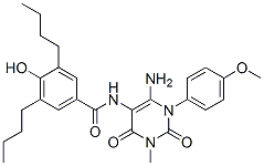 Benzamide,  N-[6-amino-1,2,3,4-tetrahydro-1-(4-methoxyphenyl)-3-methyl-2,4-dioxo-5-pyrimidinyl]-3,5-dibutyl-4-hydroxy- Struktur