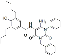 Benzamide,  N-[6-amino-1,2,3,4-tetrahydro-2,4-dioxo-1-phenyl-3-(phenylmethyl)-5-pyrimidinyl]-3,5-dibutyl-4-hydroxy- Struktur