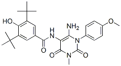 Benzamide,  N-[6-amino-1,2,3,4-tetrahydro-1-(4-methoxyphenyl)-3-methyl-2,4-dioxo-5-pyrimidinyl]-3,5-bis(1,1-dimethylethyl)-4-hydroxy- Struktur