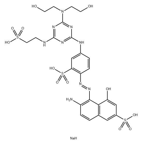 2-Naphthalenesulfonic acid, 6-amino-5-4-4-bis(2-hydroxyethyl)amino-6-(2-sulfoethyl)amino-1,3,5-triazin-2-ylamino-2-sulfophenylazo-4-hydroxy-, trisodium salt Struktur