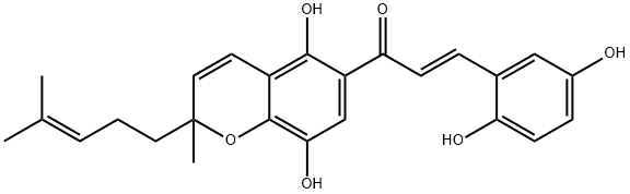 5,8-Dihydroxy-6-[(E)-3-(2,5-dihydroxyphenyl)-1-oxo-2-propenyl]-2-methyl-2-(4-methyl-3-pentenyl)-2H-1-benzopyran Struktur