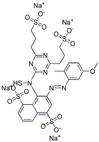 1,5-Naphthalenedisulfonic acid, 3-4-4,6-bis(3-sulfopropyl)thio-1,3,5-triazin-2-ylamino-5-methoxy-2-methylphenylazo-, tetrasodium salt Struktur