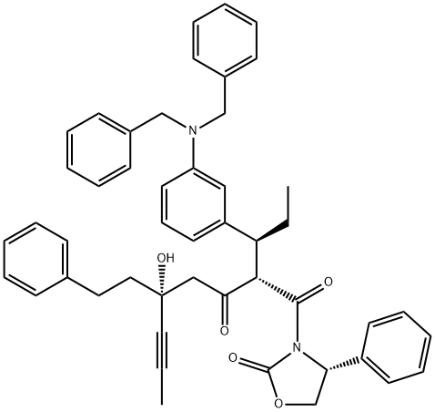 [4R-[3(2(S*),5(R*),4R]]-3-[2-[1-[3-[Bis(phenylmethyl)amino]phenyl]propyl]-5-hydroxy-1,3-dioxo-5-(2-phenylethyl)-6-octynyl]-4-phenyl-2-oxazolidinone Struktur