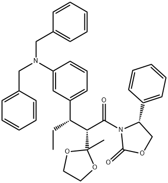 [4R-[3(2S*,3S*),4R*]]-3-[3-[3-[Bis(phenylmethyl)amino]phenyl]-2-(2-methyl-1,3-dioxolan-2-yl)-1-oxopentyl]-4-phenyl-2-oxazolidinone Struktur