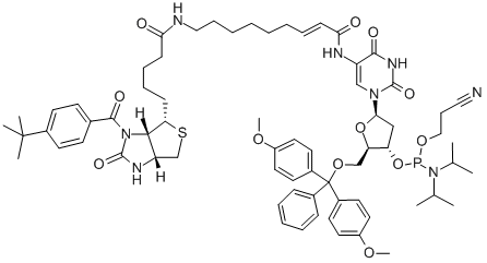 5-[E-2-[N-[N-[N1-(4-T-BUTYLBENZOYL)-D-(+)-BIOTINYL]-6-AMINOHEXYL]CARBOXAMIDO]VINYL]-5'-O-(4,4'-DIMETHOXYTRITYL)-2'-DEOXYURIDINE, 3'-[(2-CYANOETHYL)-(N,N-DIISOPROPYL)]PHOSPHORAMIDITE Struktur