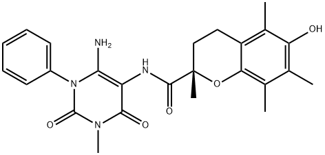 2H-1-Benzopyran-2-carboxamide,  N-(6-amino-1,2,3,4-tetrahydro-3-methyl-2,4-dioxo-1-phenyl-5-pyrimidinyl)-3,4-dihydro-6-hydroxy-2,5,7,8-tetramethyl-,  (2S)- Struktur