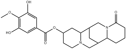 3,5-Dihydroxy-4-methoxybenzoic acid 1,3,4,7,7a,8,9,10,11,13,14,14a-dodecahydro-11-oxo-7,14-methano-2H,6H-dipyrido[1,2-a:1',2'-e][1,5]diazocin-2-yl ester Struktur