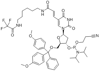 5-[E-2-[N-[6-(TRIFLUOROACETAMIDO)HEXYL]CARBOXAMIDO]VINYL]-5'- O-(4,4'-DIMETHOXYTRITYL)-2'-DEOXYURIDINE, 3'-[(2-CYANOETHYL)-(N,N-DIISOPROPYL)]PHOSPHORAMIDITE Struktur