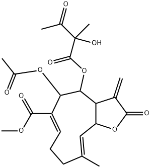 5-Acetoxy-2,3,3a,4,5,8,9,11a-octahydro-4-(2-hydroxy-2-methyl-1,3-dioxobutoxy)-10-methyl-3-methylene-2-oxocyclodeca[b]furan-6-carboxylic acid methyl ester Struktur