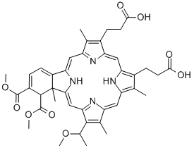 23H,25H-Benzo[b]porphine-9,13-dipropanoic acid, 1,22a-dihydro-1,2-bis(methoxycarbonyl)-19-(1-methoxyethyl)-8,14,18,22a-tetramethyl- Struktur