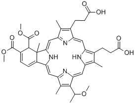 23H,25H-Benzo[b]porphine-9,13-dipropanoic acid, 4,4a-dihydro-3,4-bis(methoxycarbonyl)-18-(1-methoxyethyl)-4a,8,14,19-tetramethyl- Struktur