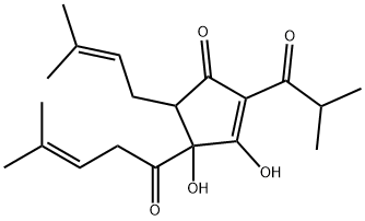 3,4-dihydroxy-5-(3-methylbut-2-enyl)-4-(4-methyl-1-oxopent-3-enyl)-2-(2-methyl-1-oxopropyl)cyclopent-2-en-1-one Struktur