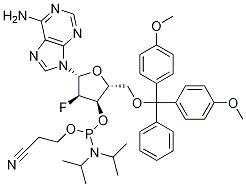 Adenosine, 5'-O-[bis(4-Methoxyphenyl)phenylMethyl]-2'-fluoro-2'-deoxy-, 3'-[2-cyanoethyl bis(1-Methylethyl)phosphoraMidite] Struktur