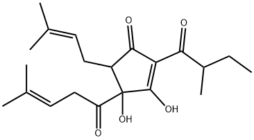 3,4-dihydroxy-5-(3-methylbut-2-enyl)-2-(2-methyl-1-oxobutyl)-4-(4-methyl-1-oxopent-3-enyl)cyclopent-2-en-1-one  Struktur