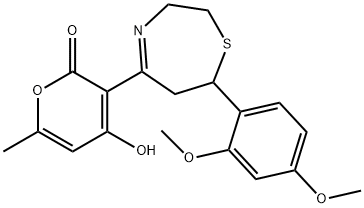 3-[7-(2,4-ジメトキシフェニル)-2,3,6,7-テトラヒドロ-1,4-チアゼピン-5-イル]-4-ヒドロキシ-6-メチル-2H-ピラン-2-オン 化學(xué)構(gòu)造式