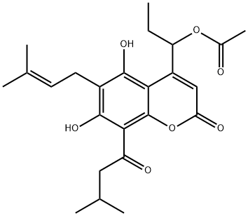 4-(1-Acetoxypropyl)-5,7-dihydroxy-6-(3-methyl-2-butenyl)-8-(3-methylbutyryl)-2H-1-benzopyran-2-one Struktur