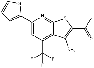 1-[3-AMINO-6-(2-THIENYL)-4-(TRIFLUOROMETHYL)THIENO[2,3-B]PYRIDIN-2-YL]ETHAN-1-ONE Struktur