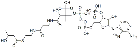 [5-(6-aminopurin-9-yl)-4-hydroxy-2-[[hydroxy-[hydroxy-[3-hydroxy-3-[2-[2-(3-hydroxybutanoylsulfanyl)ethylcarbamoyl]ethylcarbamoyl]-2,2-dimethyl-propoxy]-phosphoryl]oxy-phosphoryl]oxymethyl]oxolan-3-yl]oxyphosphonic acid Struktur