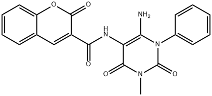 2H-1-Benzopyran-3-carboxamide,  N-(6-amino-1,2,3,4-tetrahydro-3-methyl-2,4-dioxo-1-phenyl-5-pyrimidinyl)-2-oxo- Struktur