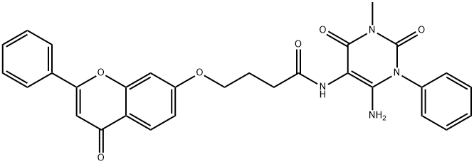 Butanamide,  N-(6-amino-1,2,3,4-tetrahydro-3-methyl-2,4-dioxo-1-phenyl-5-pyrimidinyl)-4-[(4-oxo-2-phenyl-4H-1-benzopyran-7-yl)oxy]- Struktur