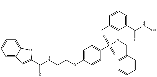 N-[2-[4-[[[2-[(HYDROXYAMINO)CARBONYL]-4,6-DIMETHYLPHENYL](PHENYLMETHYL)AMINO]SULFONYL]PHENOXY]ETHYL]-2-BENZOFURANCARBOXAMIDE Struktur