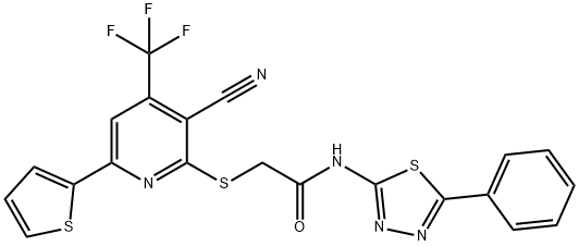 2-{[3-cyano-6-(2-thienyl)-4-(trifluoromethyl)-2-pyridinyl]sulfanyl}-N-(5-phenyl-1,3,4-thiadiazol-2-yl)acetamide Struktur