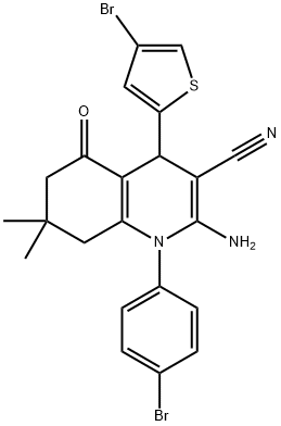 2-amino-1-(4-bromophenyl)-4-(4-bromo-2-thienyl)-7,7-dimethyl-5-oxo-1,4,5,6,7,8-hexahydro-3-quinolinecarbonitrile Struktur