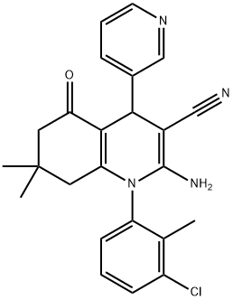 2-amino-1-(3-chloro-2-methylphenyl)-7,7-dimethyl-5-oxo-4-(3-pyridinyl)-1,4,5,6,7,8-hexahydro-3-quinolinecarbonitrile Struktur