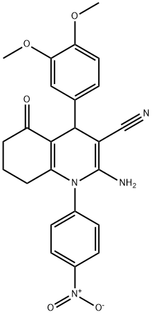 2-amino-4-(3,4-dimethoxyphenyl)-1-{4-nitrophenyl}-5-oxo-1,4,5,6,7,8-hexahydro-3-quinolinecarbonitrile Struktur