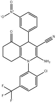 2-amino-1-[2-chloro-5-(trifluoromethyl)phenyl]-4-{3-nitrophenyl}-5-oxo-1,4,5,6,7,8-hexahydro-3-quinolinecarbonitrile Struktur