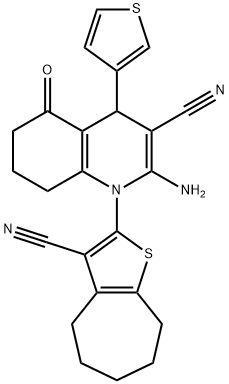 2-amino-1-(3-cyano-5,6,7,8-tetrahydro-4H-cyclohepta[b]thien-2-yl)-5-oxo-4-(3-thienyl)-1,4,5,6,7,8-hexahydro-3-quinolinecarbonitrile Struktur