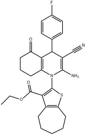 ethyl 2-(2-amino-3-cyano-4-(4-fluorophenyl)-5-oxo-5,6,7,8-tetrahydro-1(4H)-quinolinyl)-5,6,7,8-tetrahydro-4H-cyclohepta[b]thiophene-3-carboxylate Struktur