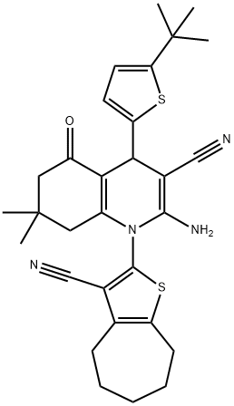 2-amino-4-(5-tert-butyl-2-thienyl)-1-(3-cyano-5,6,7,8-tetrahydro-4H-cyclohepta[b]thien-2-yl)-7,7-dimethyl-5-oxo-1,4,5,6,7,8-hexahydro-3-quinolinecarbonitrile Struktur