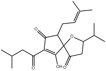 9-Hydroxy-2-isopropyl-8-isovaleryl-6-(3-methyl-2-butenyl)-1-oxaspiro[4.4]non-8-ene-4,7-dione Struktur