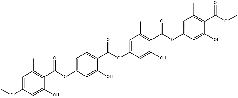 2-Hydroxy-4-[[2-hydroxy-4-[(2-hydroxy-4-methoxy-6-methylbenzoyl)oxy]-6-methylbenzoyl]oxy]-6-methylbenzoic acid 3-hydroxy-4-(methoxycarbonyl)-5-methylphenyl ester Struktur