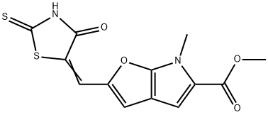 6H-Furo[2,3-b]pyrrole-5-carboxylic  acid,  6-methyl-2-[(4-oxo-2-thioxo-5-thiazolidinylidene)methyl]-,  methyl  ester Struktur