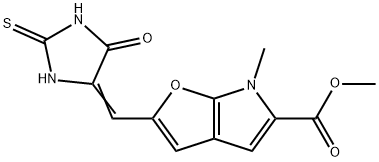 6H-Furo[2,3-b]pyrrole-5-carboxylic  acid,  6-methyl-2-[(5-oxo-2-thioxo-4-imidazolidinylidene)methyl]-,  methyl  ester Struktur