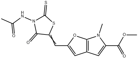 6H-Furo[2,3-b]pyrrole-5-carboxylic  acid,  2-[[3-(acetylamino)-4-oxo-2-thioxo-5-thiazolidinylidene]methyl]-6-methyl-,  methyl  ester Struktur