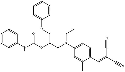 2-[4-(2,2-dicyanovinyl)-N-ethyl-3-methylanilino]-1-(phenoxymethyl)ethyl carbanilate Struktur