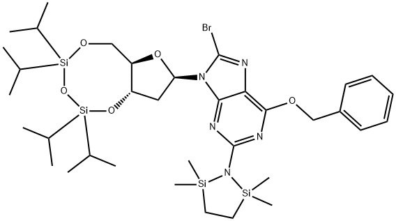 N2-(1,1,4,4-Tetramethyldisilylazacyclopentanyl)-O6-benzyl-8-bromo-N9-[3’,5’-O-(1,1,3,3-tetrakis(isopropyl)-1,3-disiloxanediyl)--D-2’-deoxyribofuranosyl]guanine Struktur