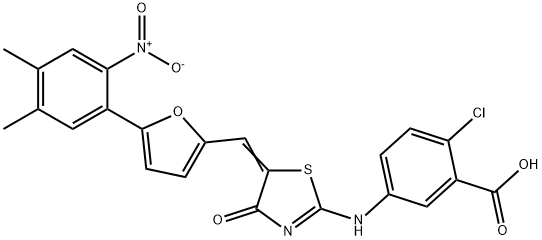 2-Chloro-5-[[5-[[5-(4,5-Dimethyl-2-nitrophenyl)-2-furanyl]methylene]-4,5-dihydro-4-oxo-2-thiazolyl]amino]benzoicacid Struktur