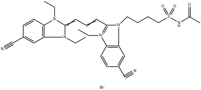 3-[4-[(acetylamino)sulphonyl]butyl]-5-cyano-2-[3-(5-cyano-1,3-diethyl-1,3-dihydro-2H-benzimidazol-2-ylidene)-1-propenyl]-1-ethyl-1H-benzimidazolium bromide Struktur