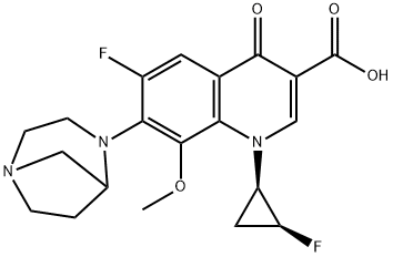 3-Quinolinecarboxylic acid, 7-(1,4-diazabicyclo[3.2.1]oct-4-yl)-6-fluoro-1-[(1R,2S)-2-fluorocyclopropyl]-1,4-dihydro-8-Methoxy-4-oxo- Struktur