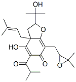 7-[(3,3-Dimethyloxiranyl)methyl]-3,3a-dihydro-4-hydroxy-2-(1-hydroxy-1-methylethyl)-3a-(3-methyl-2-butenyl)-5-(2-methyl-1-oxopropyl)-6(2H)-benzofuranone Struktur