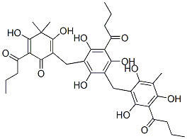 3,5-Dihydroxy-4,4-dimethyl-2-(1-oxobutyl)-6-[[2,4,6-trihydroxy-3-(1-oxobutyl)-5-[[2,4,6-trihydroxy-3-methyl-5-(1-oxobutyl)phenyl]methyl]phenyl]methyl]-2,5-cyclohexadien-1-one Struktur