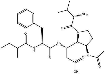 (S)-N-[(S)-2-Methyl-1-oxobutyl]-L-phenylalanine (S)-1-[(2S,3S)-3-acetoxy-1-[(S)-2-amino-3-methyl-1-oxobutyl]-2-pyrrolidinyl]-2-carboxyethyl ester Struktur